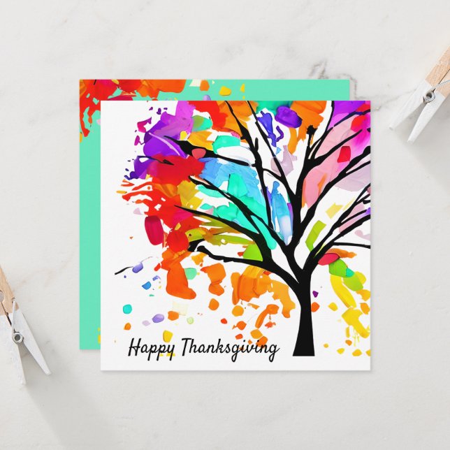 Colourful Tree Happy Thanksgiving Typography Card (Front/Back In Situ)