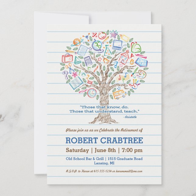 Colourful Tree of Knowledge Teacher Retirement Car Invitation (Front)