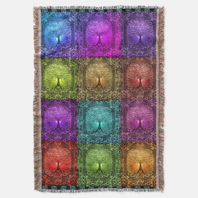 Colourful Tree of Life Patchwork Quilt Throw Blanket (Front Vertical)