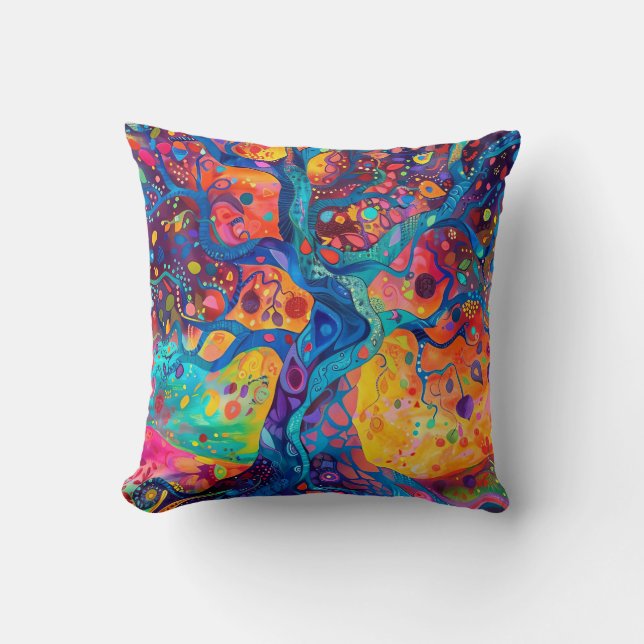 Colourful Tree of Life Rainbow Serenity Nature Art Cushion (Front)