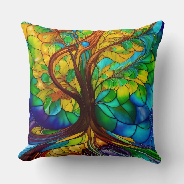 Colourful Tree of Life Stained Glass Look Cushion (Front)