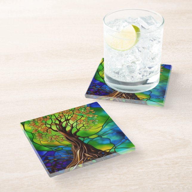 Colourful Tree of Life Stained Glass Look II Coaster (Angled)