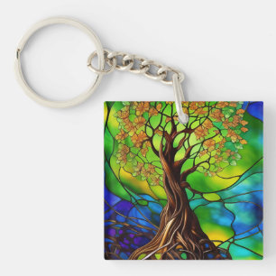 Colourful Tree of Life Stained Glass Look II Key Ring