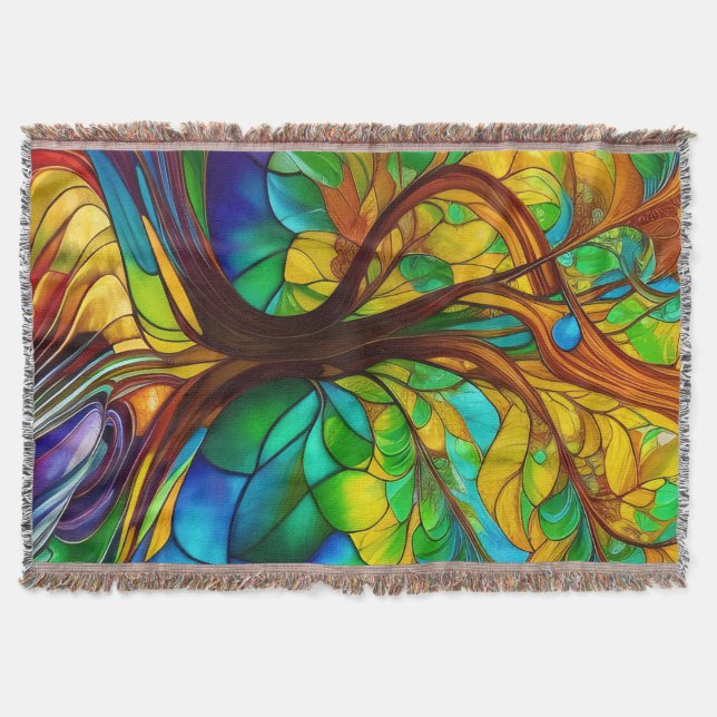 Colourful Tree of Life Stained Glass Look Throw Blanket (Front)