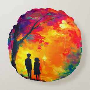 Colourful Tree of Love Round Cushion