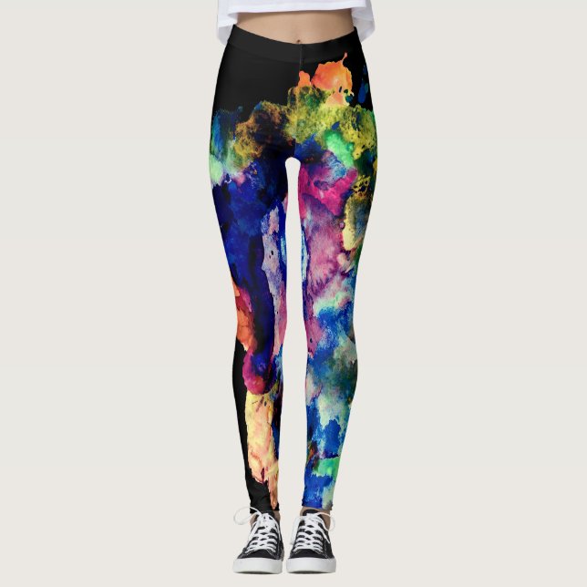 Colourful Trendy Abstract Watercolor Paint Splatte Leggings (Front)