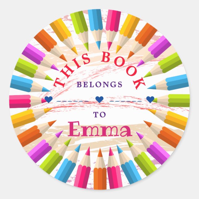 Colourful Trendy Personalised Pencils Bookplate Classic Round Sticker (Front)