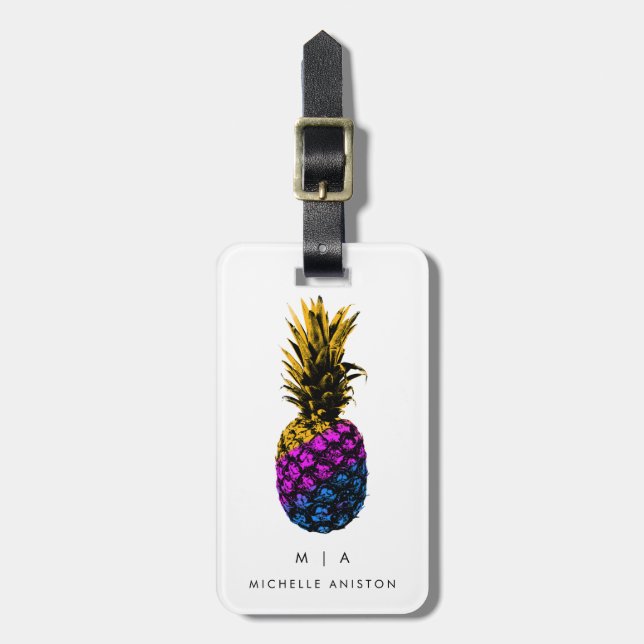 Colourful Trendy pineapple | Monogram Custom       Luggage Tag (Front Vertical)