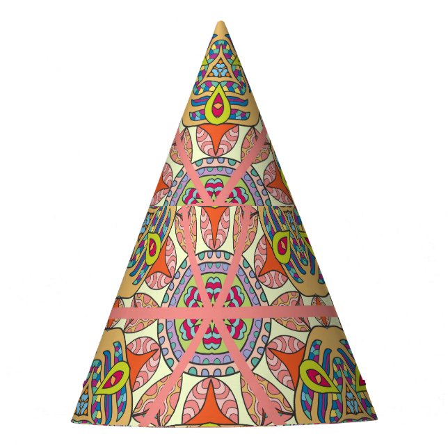 Colourful triangle patchwork, hand-drawn art. party hat (Front)