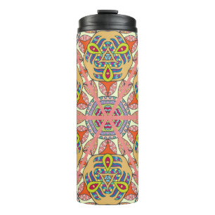 Colourful triangle patchwork, hand-drawn art. thermal tumbler