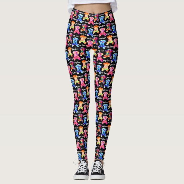 Colourful Triangle Pattern Pug Silhouette Pug Love Leggings (Front)