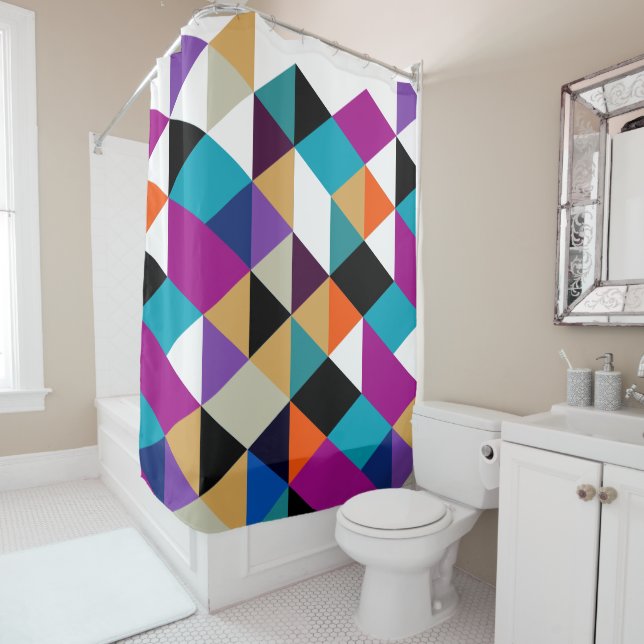 Colourful Triangles Modern Geometric Pattern Shower Curtain (In Situ)