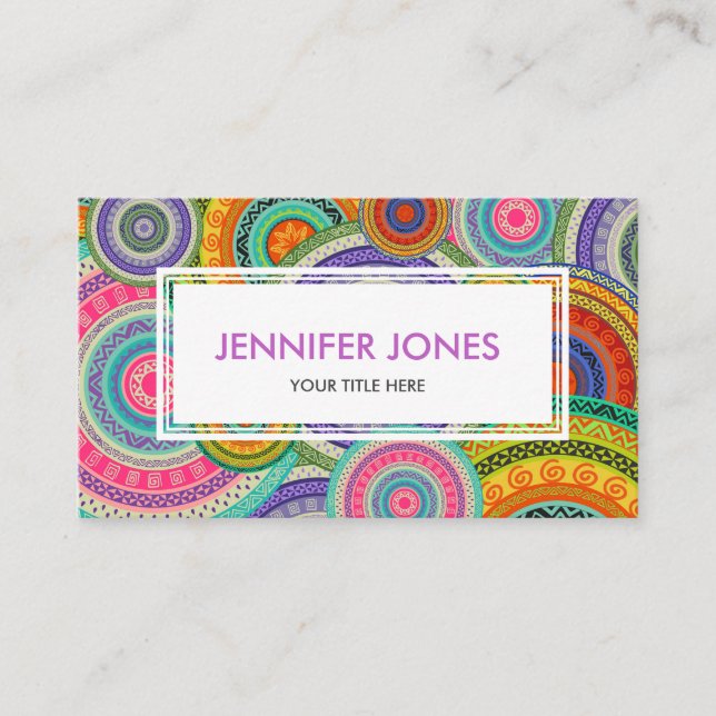 Colourful  Tribal Boho Ethnic Circular Pattern Business Card (Front)