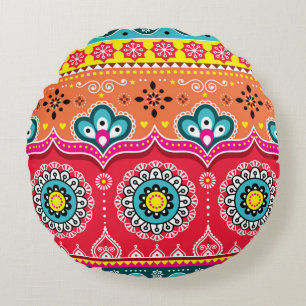 Colourful tribal ethnic seamless pattern round cushion