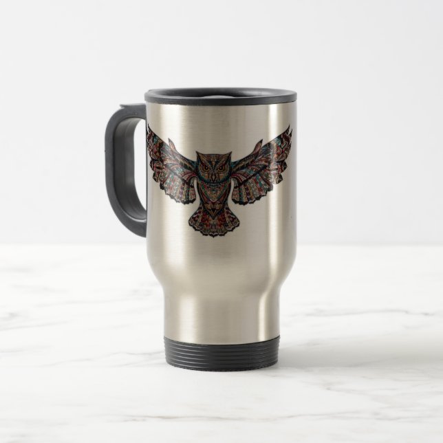 Colourful Tribal Flying Owl Travel Mug (Front Left)