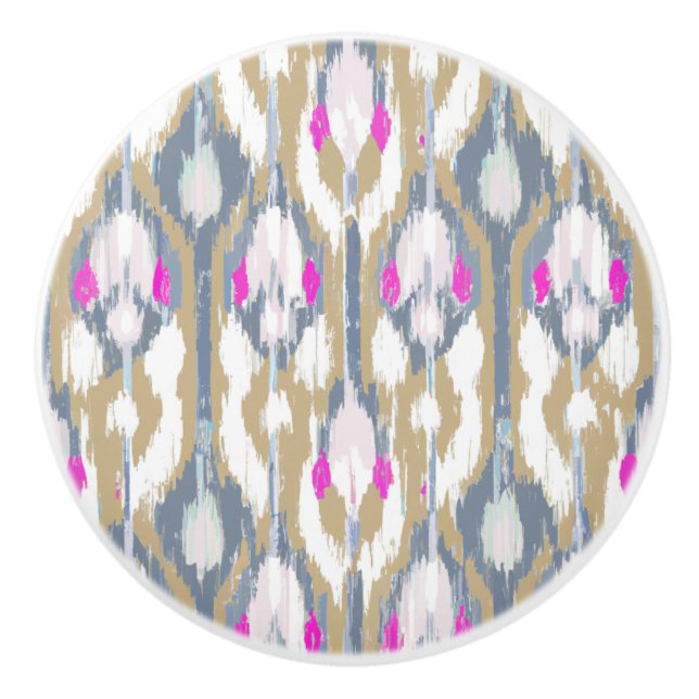 Colourful tribal geometric ikat pattern ceramic knob (Front)