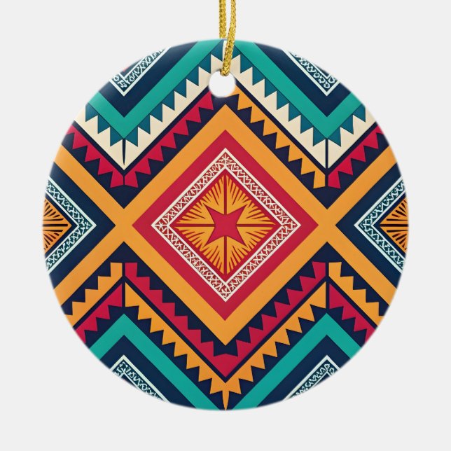 Colourful tribal pattern ceramic tree decoration (Front)