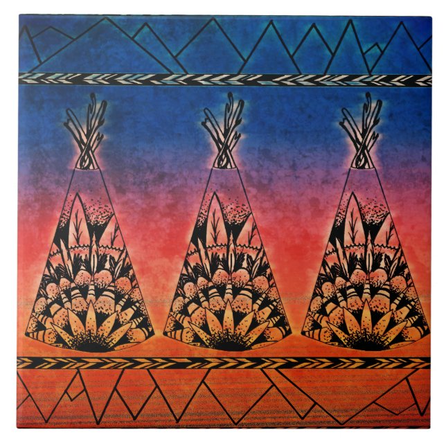 Colourful Tribal Teepees Art Boho Design Tile (Front)