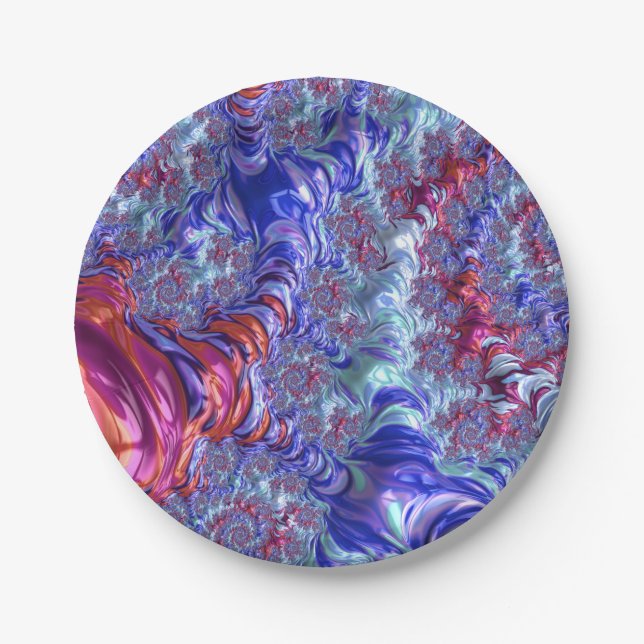 Colourful Trippy Groovy Digital Abstract Fractal Paper Plate (Front)