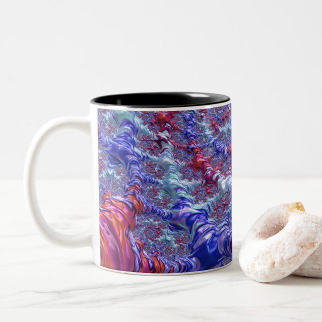 Colourful Trippy Groovy Digital Abstract Fractal Two-Tone Coffee Mug (With Donut)