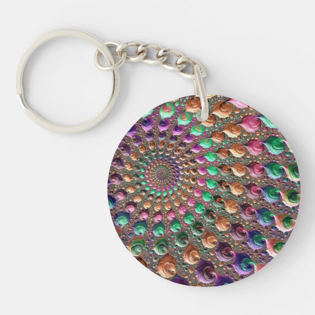 Colourful Trippy Groovy Vibrant Spiral Fractal Art Key Ring (Front)
