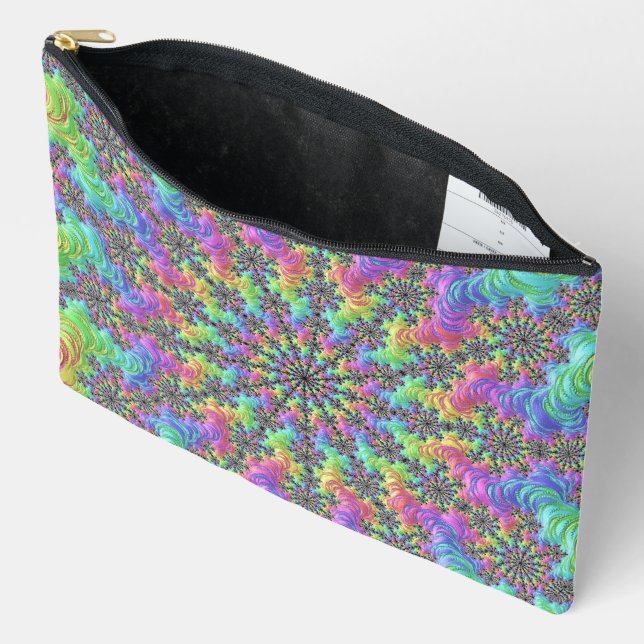 Colourful Trippy Vibrant Groovy Fractal Burst Accessory Pouch (Open)