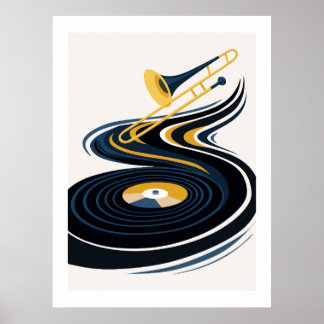 Colourful Trombone & Vinyl Record Art Poster