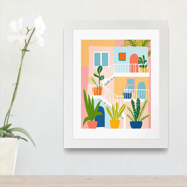 Colourful Tropical Apartment Illustration Cool Art Poster (Colorful Tropical Apartment Building architecture Illustration Art Poster
)
