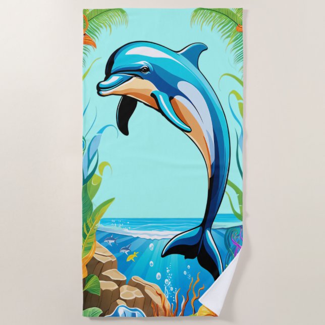 Colourful Tropical Beach Dolphin Jumping Towel (Front)