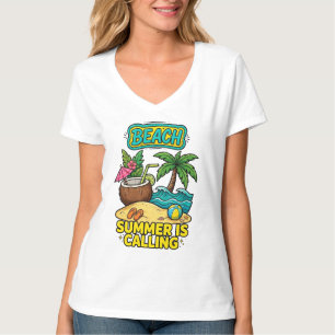 Colourful tropical beach illustration featuring a T-Shirt