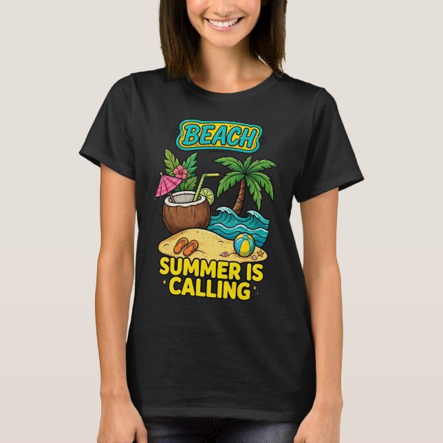 Colourful tropical beach illustration featuring a  T-Shirt (Front)