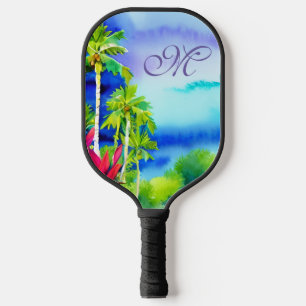 Colourful Tropical Beach Summer Watercolor Monogra Pickleball Paddle