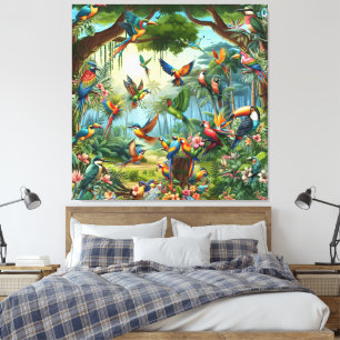 Colourful Tropical Birds among Vibrant, Lush Plant Canvas Print