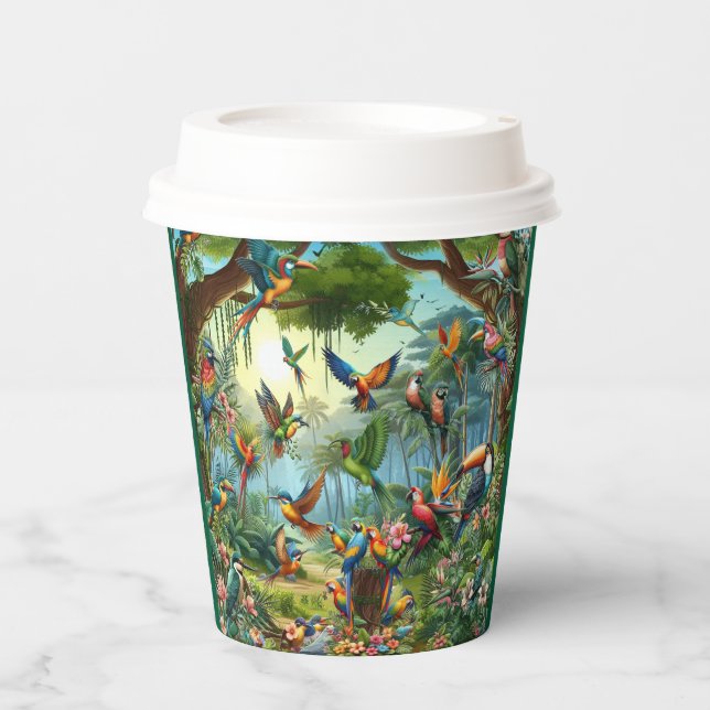Colourful tropical birds among vibrant, lush plant paper cups (Front)