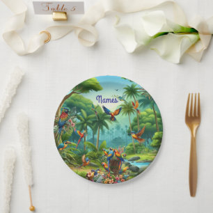 Colourful tropical birds among vibrant, lush plant paper plate