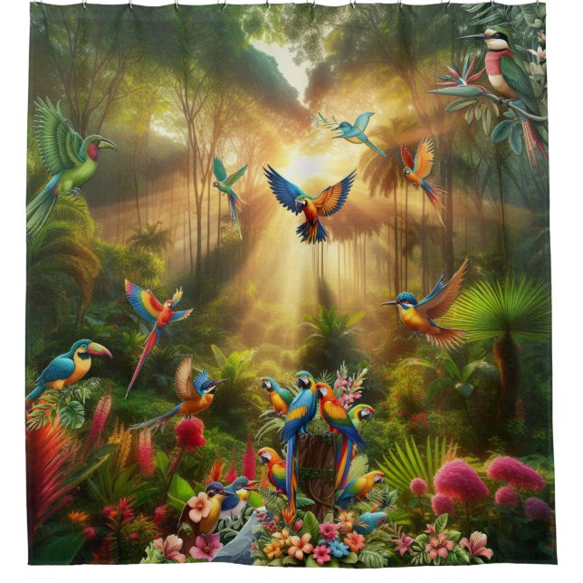 Colourful Tropical Birds among Vibrant, Lush Plant Shower Curtain (Front)