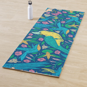 Colourful tropical birds & flowers pattern yoga mat