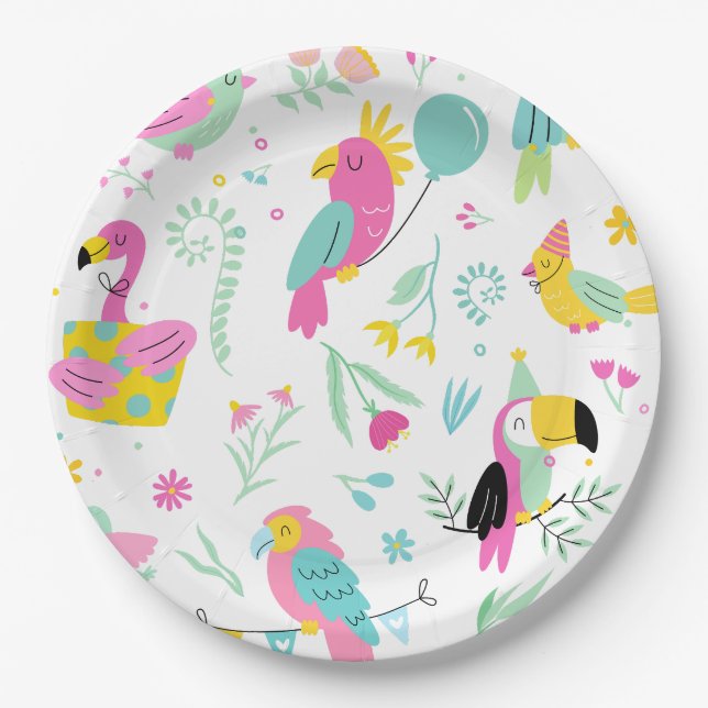 Colourful tropical birds paper plate (Front)