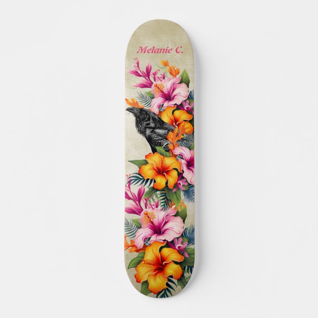 Colourful Tropical Black Raven  Skateboard (Front)