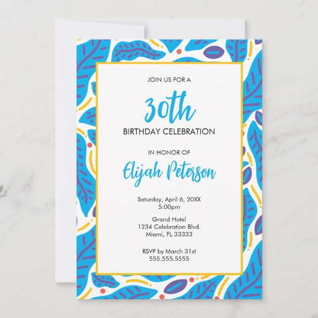 Colourful Tropical Blue Leaves Doodle Invitation (Front)