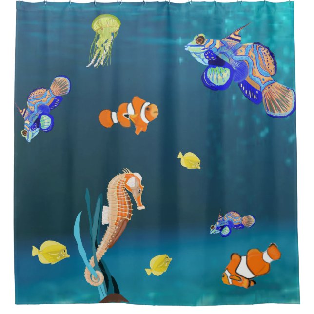 Colourful tropical fish and Seahorse Shower Curtain (Front)