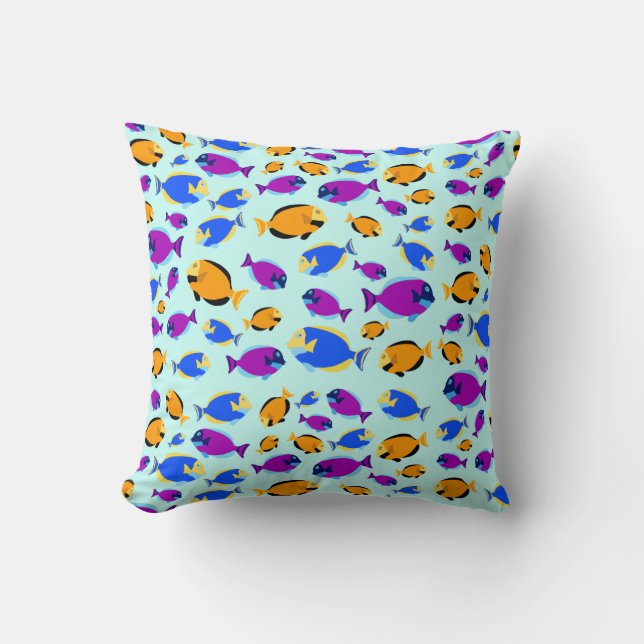 Colourful Tropical Fish Pattern in Blue Sea Cushion (Front)