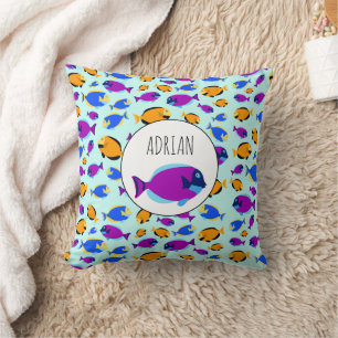 Colourful Tropical Fish Pattern in Blue Sea Cushion