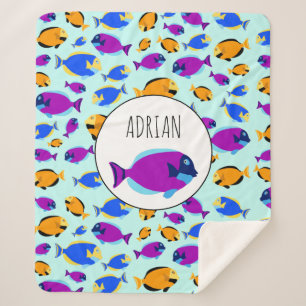 Colourful Tropical Fish Pattern in Blue Sea Sherpa Blanket