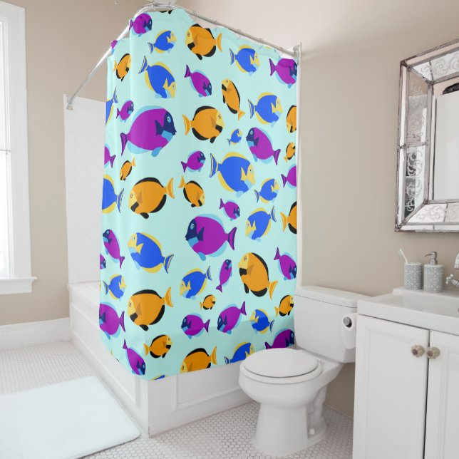Colourful Tropical Fish Pattern in Blue Sea Shower Curtain (In Situ)