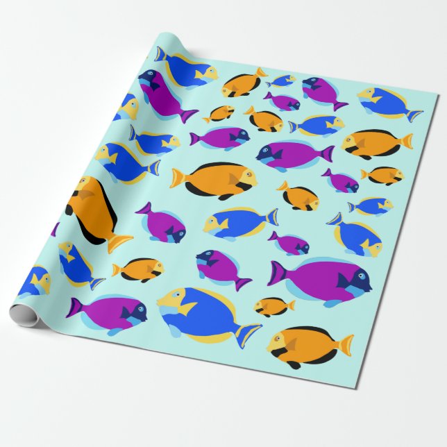 Colourful Tropical Fish Pattern in Blue Sea Wrapping Paper (Unrolled)