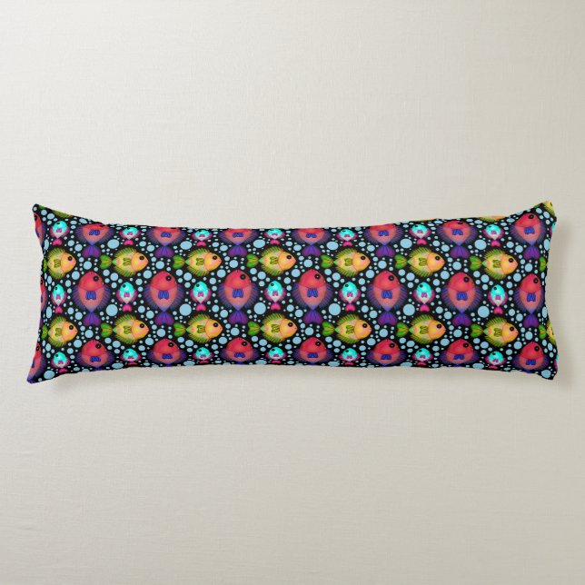 Colourful Tropical Fish Pattern on Black Body Cushion (Front)