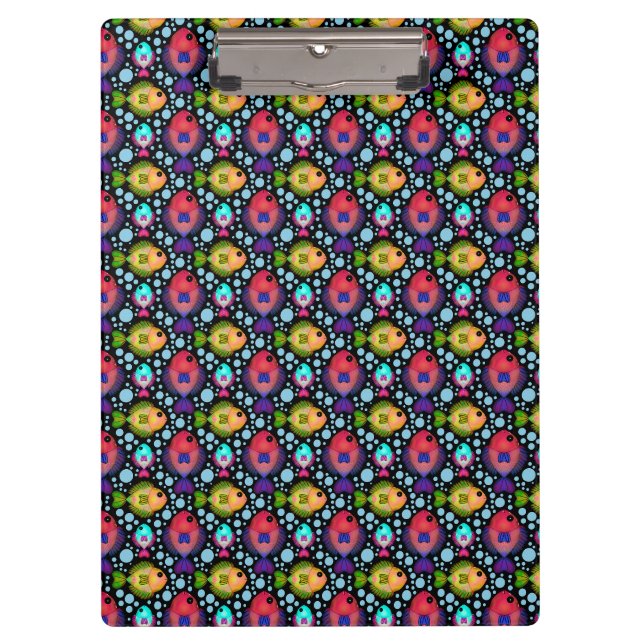 Colourful Tropical Fish Pattern on Black Clipboard (Front)