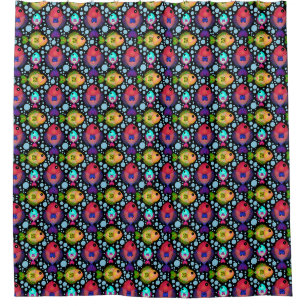 Colourful Tropical Fish Pattern on Black Shower Curtain