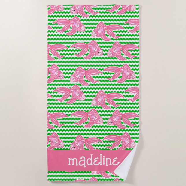 Colourful Tropical Fish Pattern Personalised Beach Towel (Front)